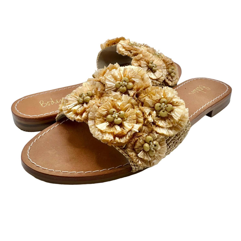 Boden | Women | Elsbeth Tan Leather Raffia Floral Slides Sandals | 37 EU 6 US